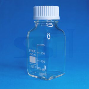 Bottle Square 250ml Pyrex w/Blue Screw Cap & Pouring Ring